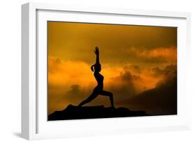 Silhouette of Woman Doing Yoga Meditation During Sunrise with Natural Golden Sunlight on Mountain-szefei-Framed Photographic Print