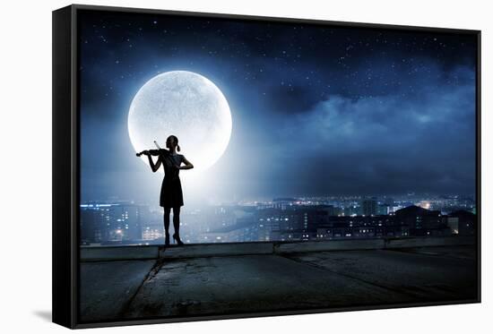 Silhouette of Woman Playing Violin at Night-Sergey Nivens-Framed Stretched Canvas