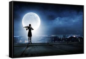 Silhouette of Woman Playing Violin at Night-Sergey Nivens-Framed Stretched Canvas