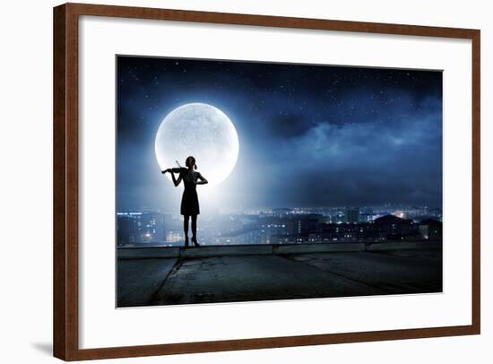 Silhouette of Woman Playing Violin at Night-Sergey Nivens-Framed Photographic Print