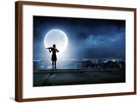 Silhouette of Woman Playing Violin at Night-Sergey Nivens-Framed Photographic Print