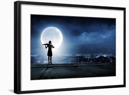 Silhouette of Woman Playing Violin at Night-Sergey Nivens-Framed Photographic Print