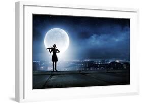 Silhouette of Woman Playing Violin at Night-Sergey Nivens-Framed Photographic Print