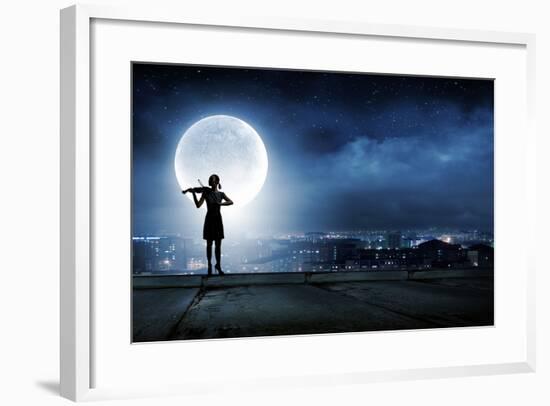 Silhouette of Woman Playing Violin at Night-Sergey Nivens-Framed Photographic Print