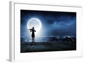 Silhouette of Woman Playing Violin at Night-Sergey Nivens-Framed Photographic Print