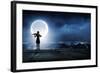 Silhouette of Woman Playing Violin at Night-Sergey Nivens-Framed Photographic Print