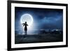 Silhouette of Woman Playing Violin at Night-Sergey Nivens-Framed Photographic Print