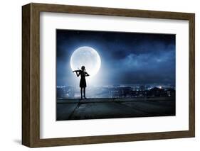 Silhouette of Woman Playing Violin at Night-Sergey Nivens-Framed Photographic Print