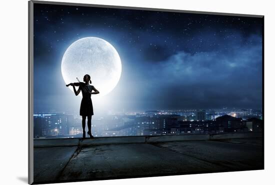 Silhouette of Woman Playing Violin at Night-Sergey Nivens-Mounted Photographic Print