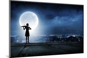 Silhouette of Woman Playing Violin at Night-Sergey Nivens-Mounted Photographic Print