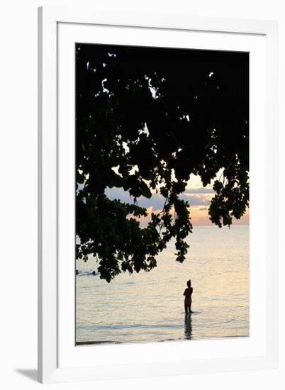 Silhouette of Woman Wading at Sea at Sunset, Anse L' Islette, Seychelles, Indian Ocean Islands-Guido Cozzi-Framed Photographic Print