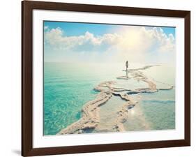 Silhouette of Young Woman Walking on Dead Sea Salt Shore at Sunrise towards the Sun-vvvita-Framed Photographic Print