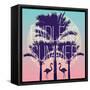 Silhouette Tropic Birds Flamingos and a Banana Palm Tree in the Background Paradise Sunset Vacation-Berry2046-Framed Stretched Canvas