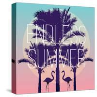 Silhouette Tropic Birds Flamingos and a Banana Palm Tree in the Background Paradise Sunset Vacation-Berry2046-Stretched Canvas