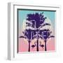 Silhouette Tropic Birds Flamingos and a Banana Palm Tree in the Background Paradise Sunset Vacation-Berry2046-Framed Art Print