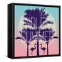 Silhouette Tropic Birds Flamingos and a Banana Palm Tree in the Background Paradise Sunset Vacation-Berry2046-Framed Stretched Canvas