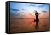 Silhouette Young Woman Practicing Yoga On The Beach At Sunset-De Visu-Framed Stretched Canvas