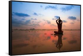 Silhouette Young Woman Practicing Yoga On The Beach At Sunset-De Visu-Framed Stretched Canvas