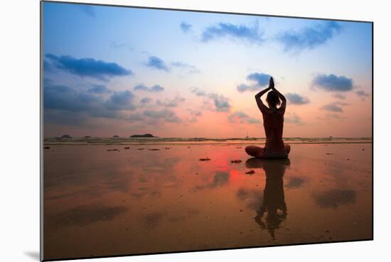 Silhouette Young Woman Practicing Yoga On The Beach At Sunset-De Visu-Mounted Art Print