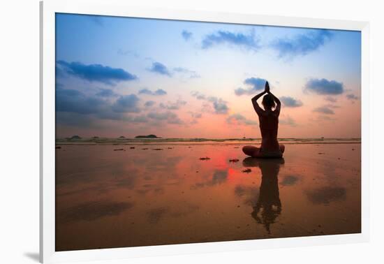 Silhouette Young Woman Practicing Yoga On The Beach At Sunset-De Visu-Framed Art Print