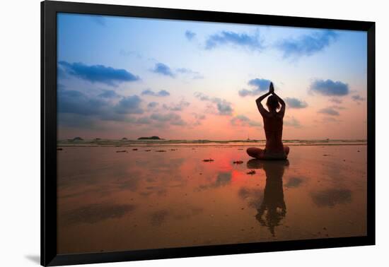 Silhouette Young Woman Practicing Yoga On The Beach At Sunset-De Visu-Framed Art Print