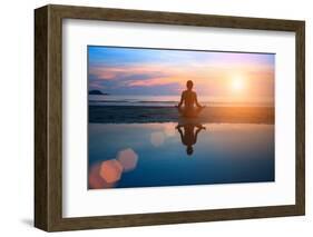 Silhouette Young Woman Practicing Yoga on the Beach at Sunset-De Visu-Framed Premium Photographic Print