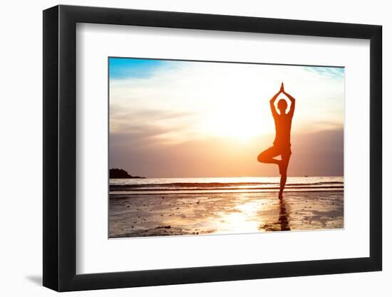 Silhouette Young Woman Practicing Yoga on the Beach at Sunset-De Visu-Framed Photographic Print