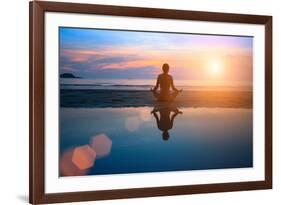 Silhouette Young Woman Practicing Yoga on the Beach at Sunset-De Visu-Framed Photographic Print