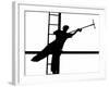 Silhouetted against the Bright Morning Sun, a Window Cleaner Stretches to Clean a Spot-null-Framed Photographic Print