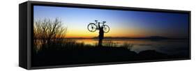 Silhouetted Cyclist Holding Bicycle over Head, River's Edge, Sunset, Alaska-null-Framed Stretched Canvas