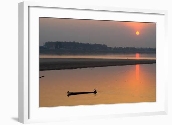 Silhouetted Man in Longtail Boat Along the Mekong River-null-Framed Photographic Print