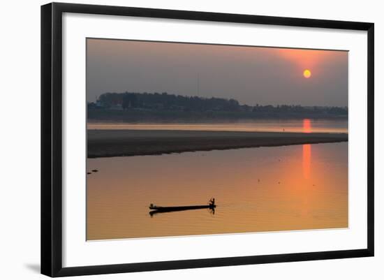 Silhouetted Man in Longtail Boat Along the Mekong River-null-Framed Photographic Print