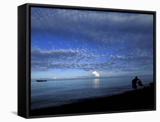 Silhouetted Woman on Lake Tanganyika, Tanzania-Kristin Mosher-Framed Stretched Canvas