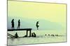 Silhouettes of Kids Who Jump off Dock on the Lake at Sunset.-Mita Stock Images-Mounted Photographic Print