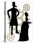 Silhouettes Of Steampunk Neo Victorians Accented By Grungy Gear-mheld-Stretched Canvas