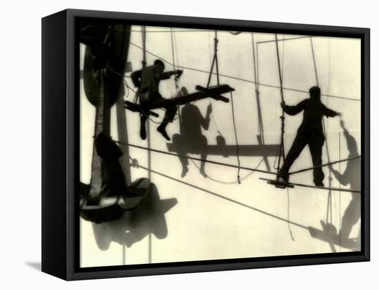 Silhouettes of Workers Using Rope Rigging to Clean and Paint the Side of a Ship-J^ Kauffmann-Framed Stretched Canvas