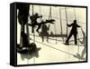 Silhouettes of Workers Using Rope Rigging to Clean and Paint the Side of a Ship-J^ Kauffmann-Framed Stretched Canvas