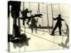 Silhouettes of Workers Using Rope Rigging to Clean and Paint the Side of a Ship-J^ Kauffmann-Stretched Canvas