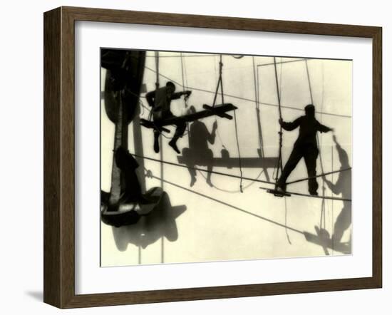 Silhouettes of Workers Using Rope Rigging to Clean and Paint the Side of a Ship-J^ Kauffmann-Framed Photographic Print