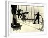 Silhouettes of Workers Using Rope Rigging to Clean and Paint the Side of a Ship-J^ Kauffmann-Framed Photographic Print