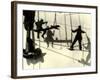 Silhouettes of Workers Using Rope Rigging to Clean and Paint the Side of a Ship-J^ Kauffmann-Framed Photographic Print
