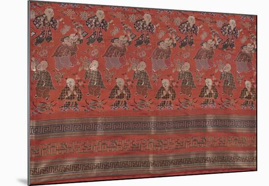 Silk Brocade, with 100 Children Design on Red-Oriental School -Mounted Premium Giclee Print