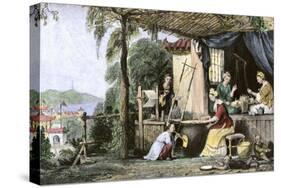 Silk Workshop in China. 19Th Century Colour Engraving.-null-Stretched Canvas