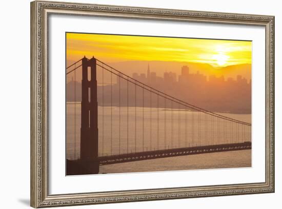 Sillouette of the Golden Gate Bridge and San Francisco Skyline at Sunrise-Miles-Framed Photographic Print