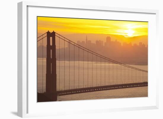 Sillouette of the Golden Gate Bridge and San Francisco Skyline at Sunrise-Miles-Framed Photographic Print