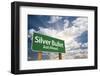 Silver Bullet Just ahead Green Road Sign with Dramatic Clouds, Sun Rays and Sky.-Andy Dean Photography-Framed Photographic Print