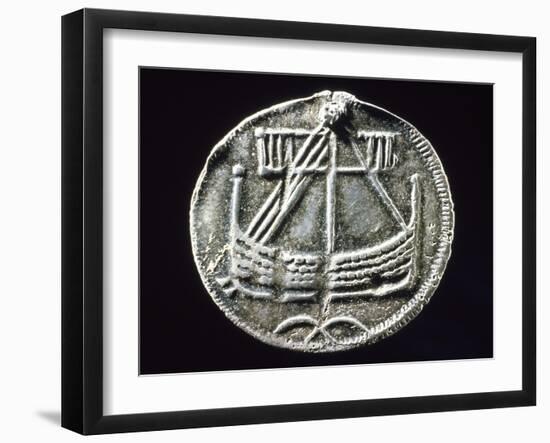 Silver Coin Bearing Image of Drakkar Boat, from Birka, Lake Marelen, Sweden, Viking Coins-null-Framed Giclee Print