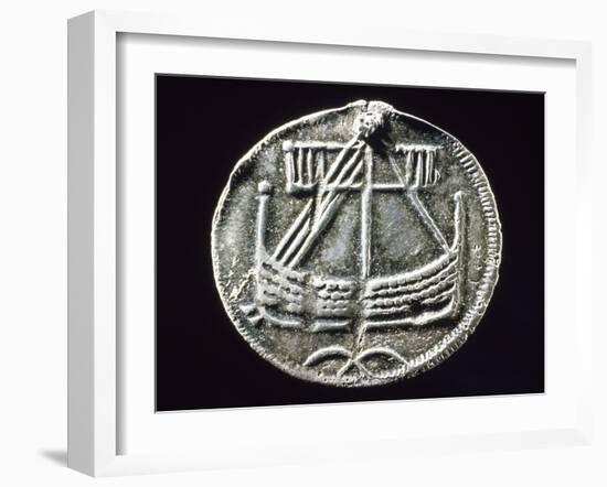 Silver Coin Bearing Image of Drakkar Boat, from Birka, Lake Marelen, Sweden, Viking Coins-null-Framed Giclee Print