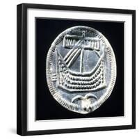 Silver Coin Bearing Image of Drakkar Boat, Minted in Hedeby, Denmark, Viking Coins, 10th Century-null-Framed Giclee Print