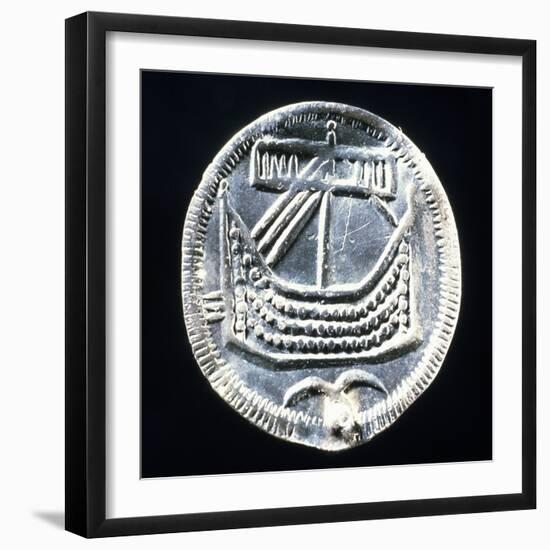 Silver Coin Bearing Image of Drakkar Boat, Minted in Hedeby, Denmark, Viking Coins, 10th Century-null-Framed Giclee Print